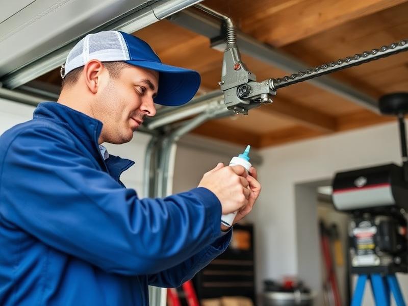 Technician performing garage door maintenance and lubrication