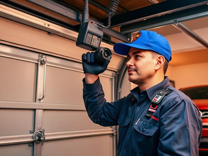 Garage door repair specialist diagnosing sensor alignment